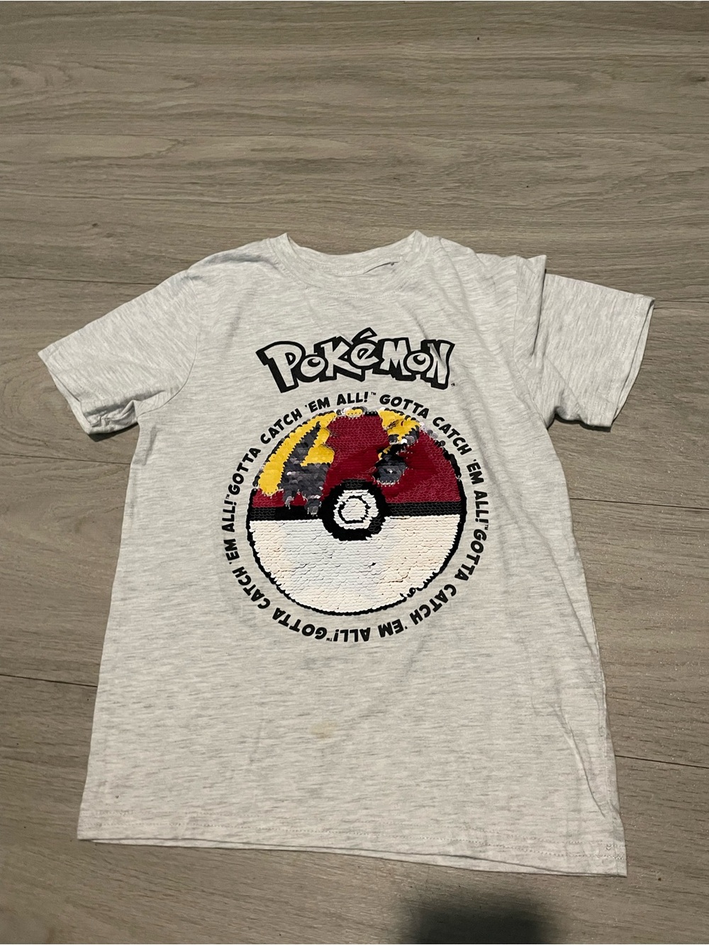 Pokemon Light Gray Tee with Red, Yellow and Black Sequin Poké Ball